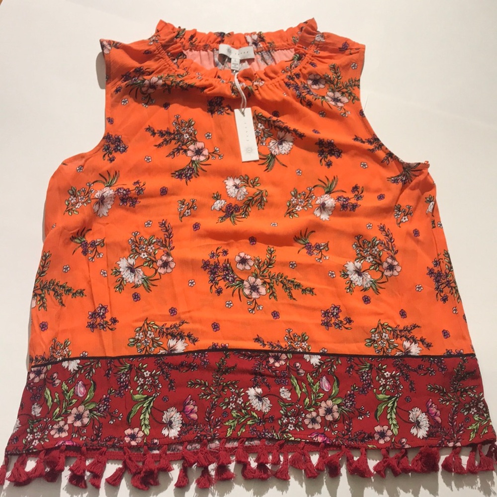 Fever Clothing floral tassles large orange red sleeveless tee tank top NEW